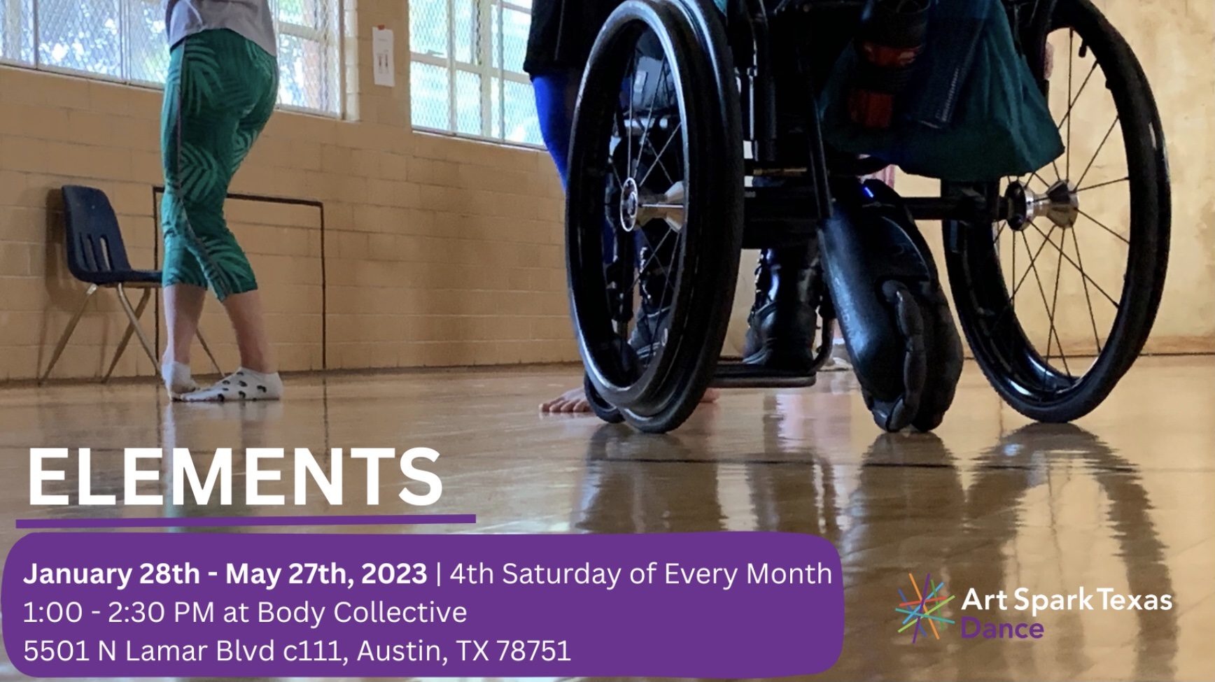 Promotional flyer for Elements classes shows a photo of a dance studio with a dancer in the background and a manual wheelchair in the foreground.
